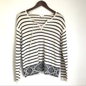 J.JILL Tan Black Stripe Vneck Pull Over Sweater D5